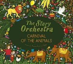 Close-up of The Story Orchestra hardback books showing press-button sound features and illustrated scenes for ages 3-7.