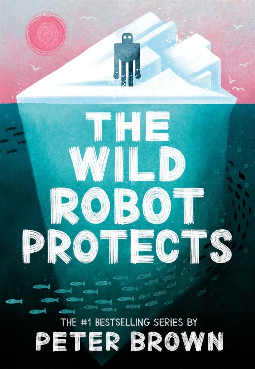 Close-up of The Wild Robot paperback cover art by Peter Brown, showing Roz the robot on the island