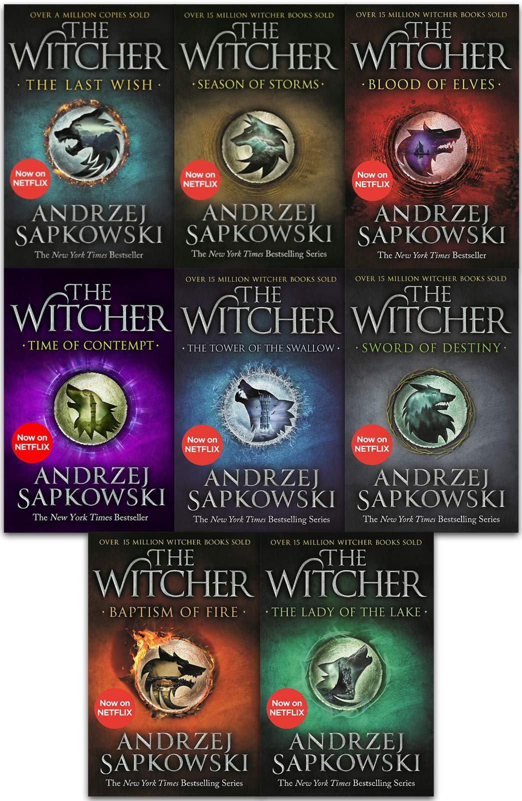 The Witcher 8 book paperback collection set by Andrzej Sapkowski shown fanned out, including The Last Wish, Blood of Elves, and Lady of the Lake