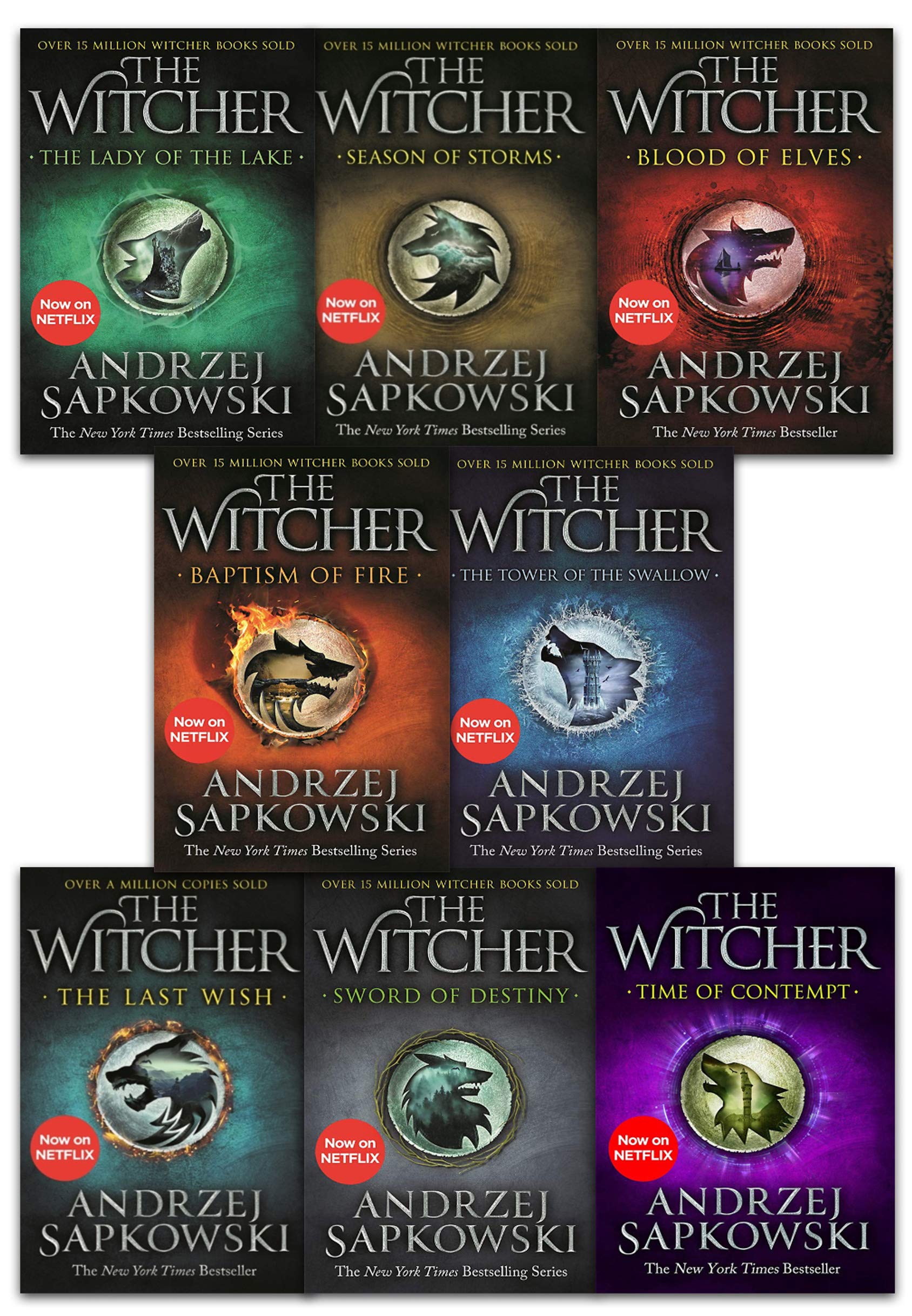 The Witcher Series by Andrzej Sapkowski 8 Books Collection Set paperback front covers on display
