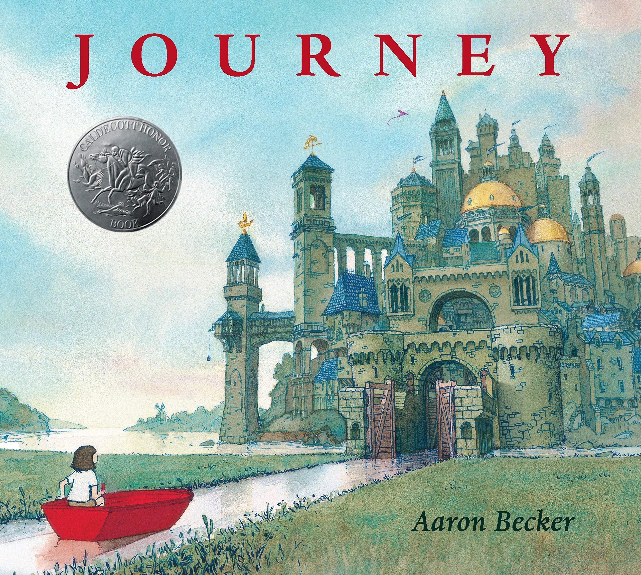 Close-up of the illustrated covers of Journey, Quest, and Return, highlighting Aaron Becker's detailed artwork.