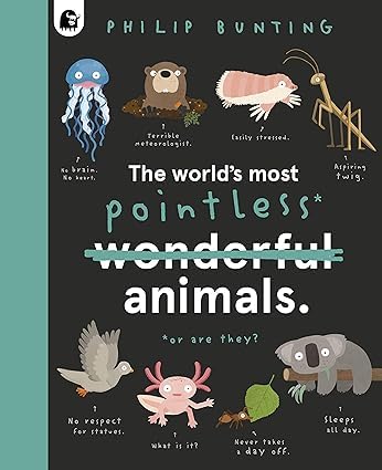 Three colorful hardback books from Philip Bunting's Quirky Creatures series fanned out to show all three animal covers