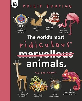 Stack of three hardback animal fact books by Philip Bunting showing bright, colorful illustrated spines and covers