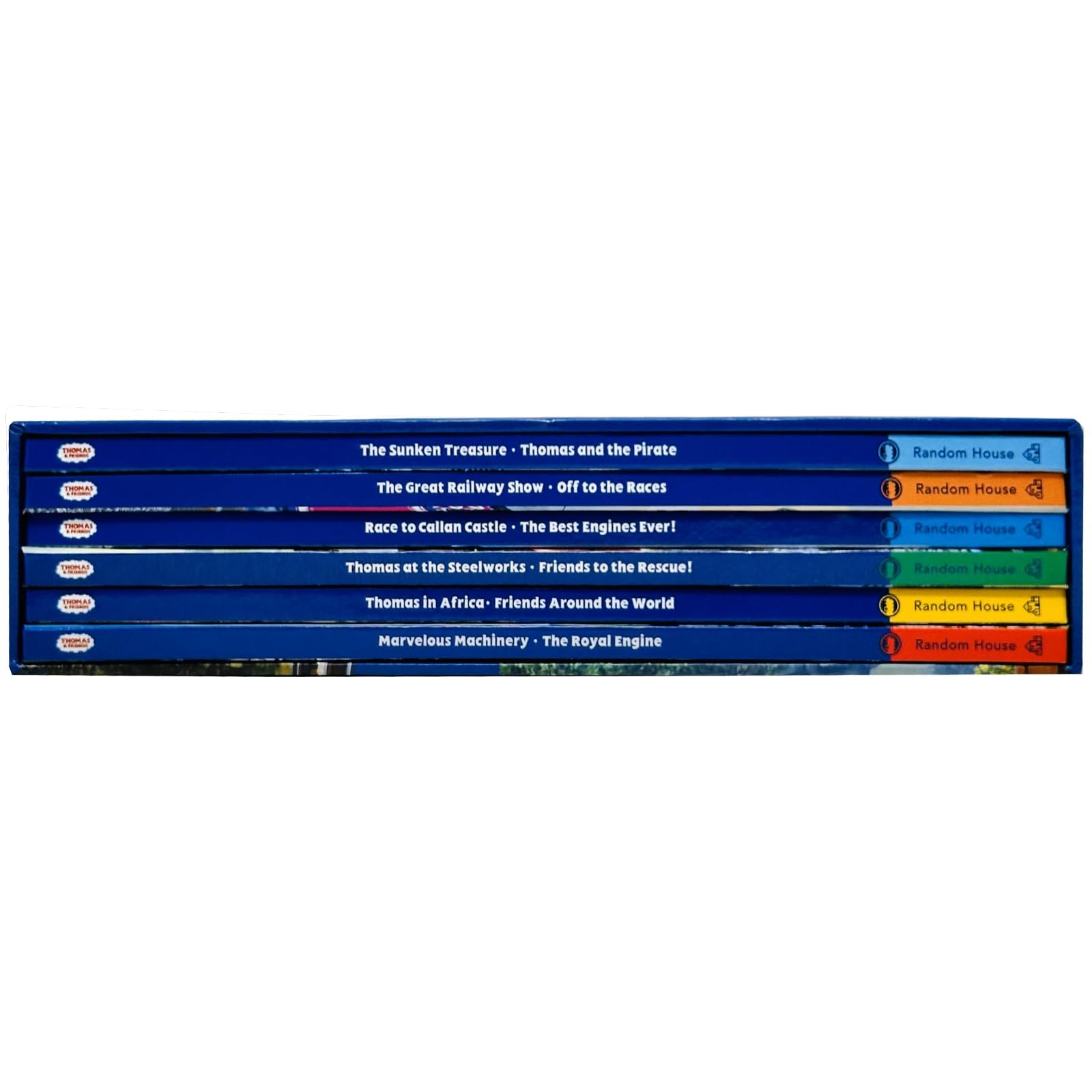 All six Thomas & Friends Friendship Collection hardback books fanned out with fold-out poster