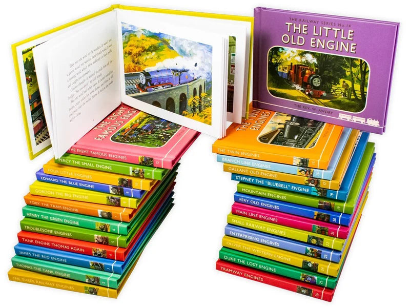 Close-up of individual hardback Railway Series books including Thomas the Tank Engine and James the Red Engine