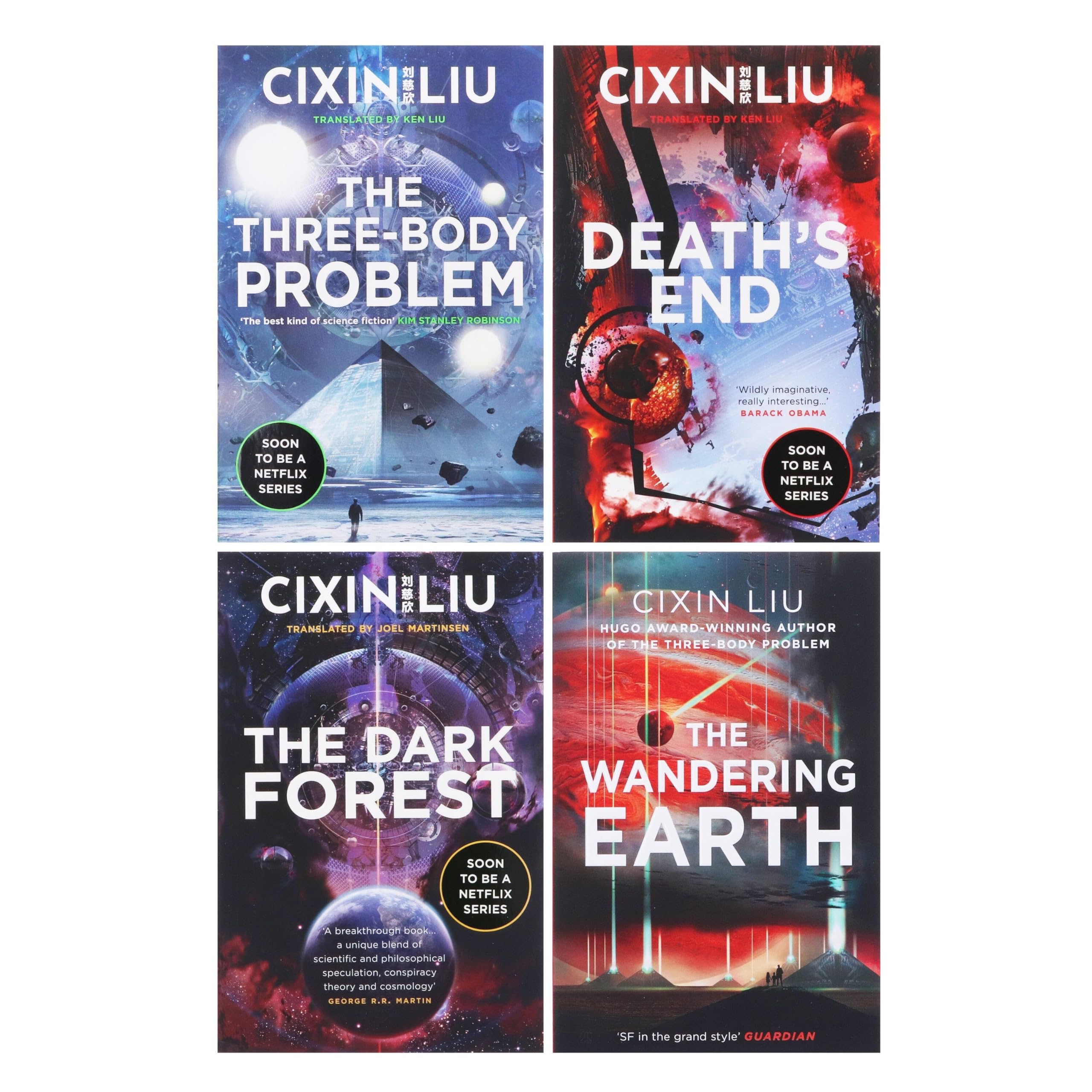 Close-up of individual paperback spines and cover art from the Cixin Liu Three-Body Problem 4-book collection