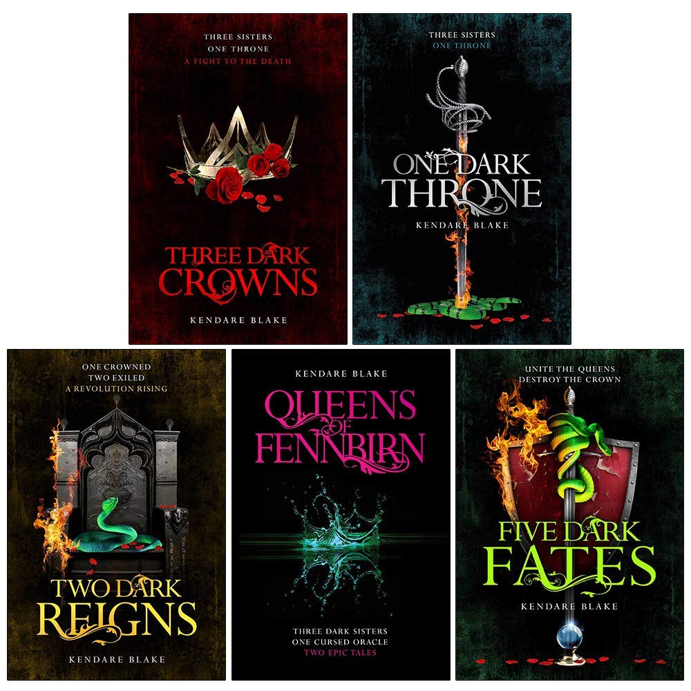 Angled shot of the complete Three Dark Crowns 5-book paperback set highlighting cover art details