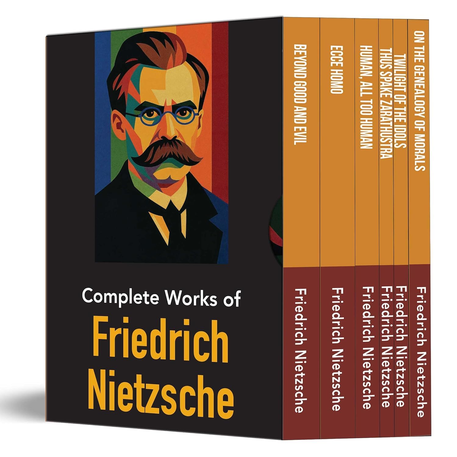Full set of six Nietzsche paperback books fanned out showing all titles including Beyond Good and Evil and Ecce Homo