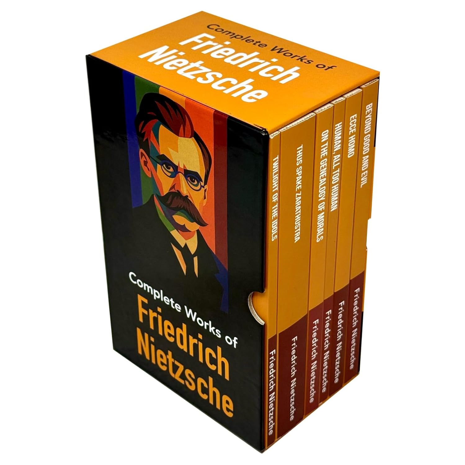 Close-up of individual paperback spines from the Nietzsche 6 book collection stacked together