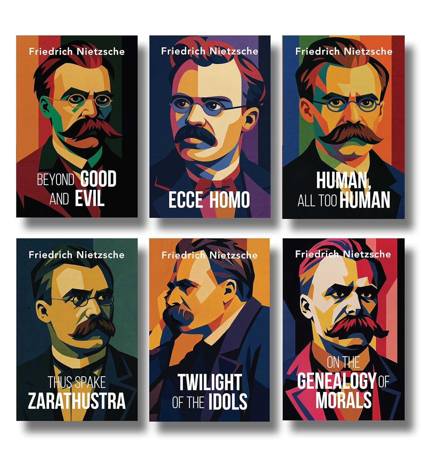 Angled view of the complete Nietzsche 6 book paperback set displayed on a shelf