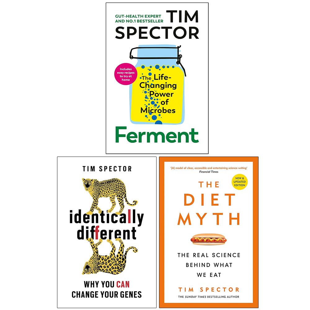 Tim Spector 3 Books Collection Set paperback front cover featuring Ferment, Identically Different, and The Diet Myth