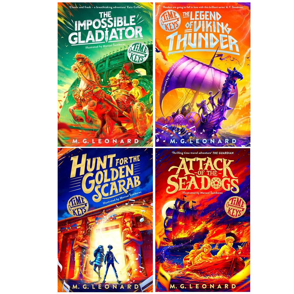 Time Keys 4 book paperback collection set by M. G. Leonard, front covers showing Hunt for the Golden Scarab and series titles for ages 8-12