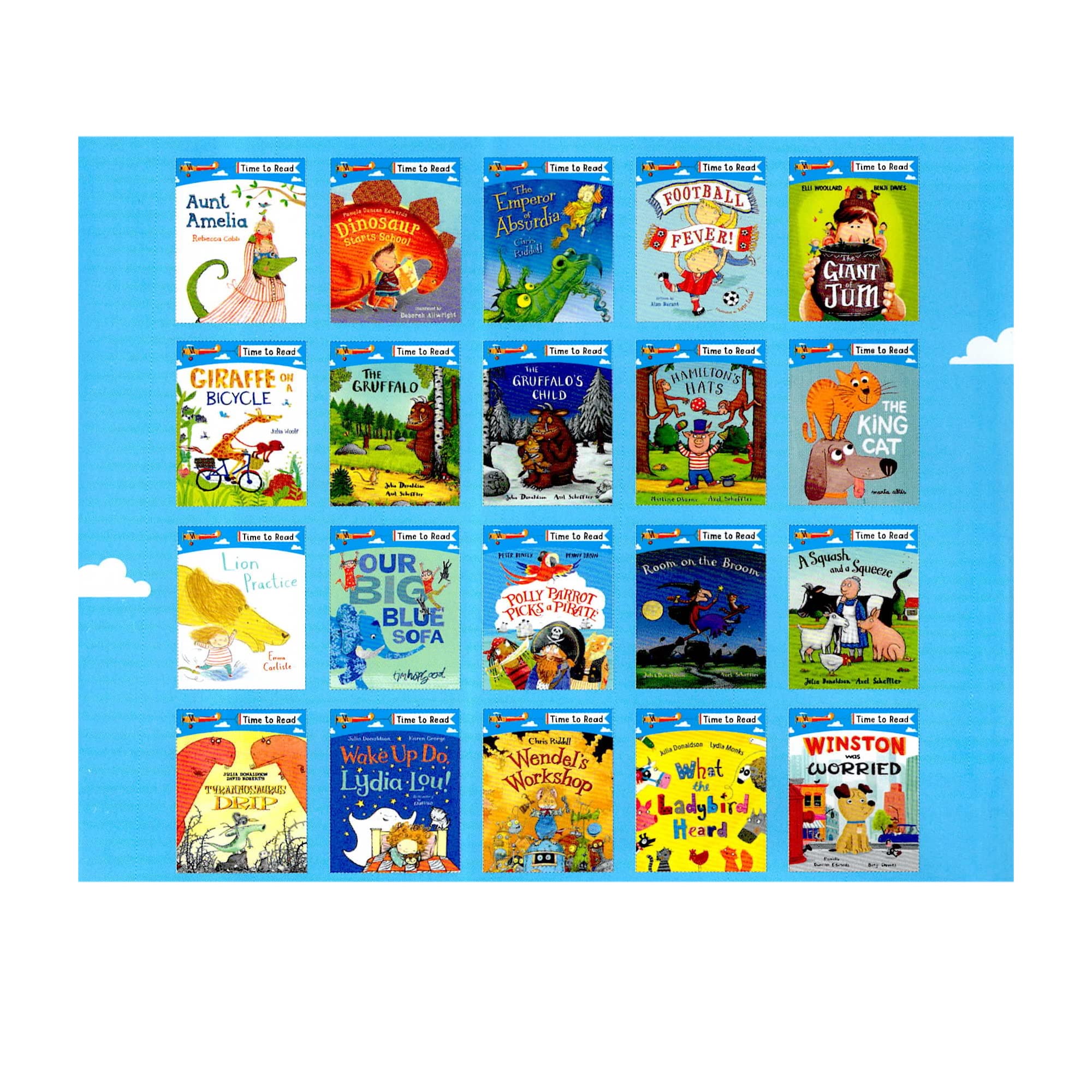 Back cover and spine view of the Time to Read 20 book paperback collection set for early readers ages 3-7