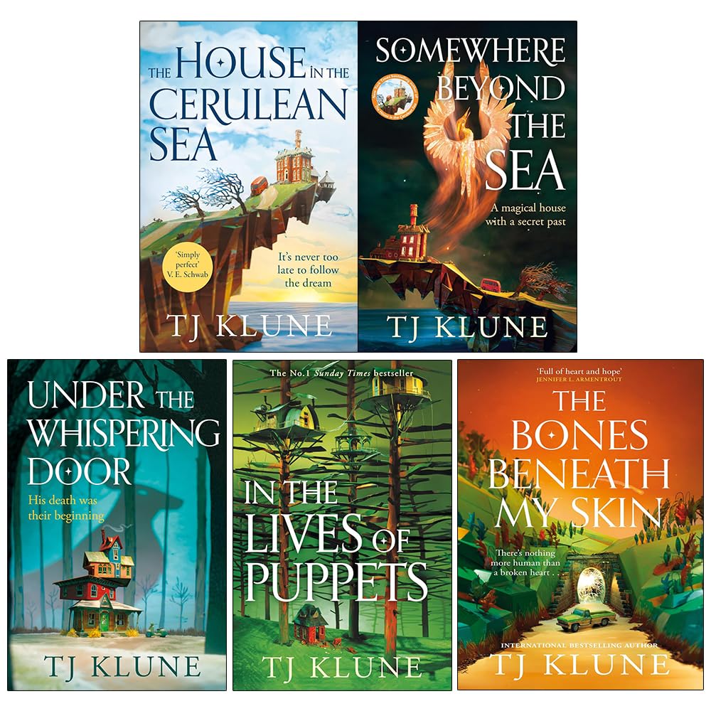 TJ Klune Collection 5 Books Set front cover featuring The House in the Cerulean Sea, Somewhere Beyond the Sea, Under the Whispering Door, In the Lives of Puppets, and The Bones Beneath My Skin