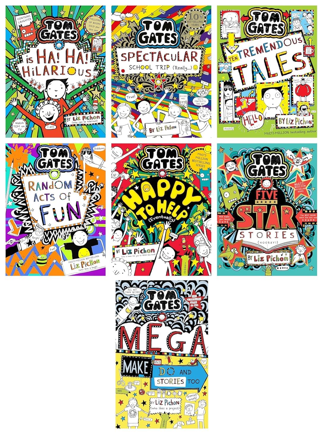 Tom Gates 7 Books Collection Set by Liz Pichon paperback front covers, including Mega Make and Do and Stories Too, Spectacular School Trip, Ten Tremendous Tales, Random Acts of Fun, Happy to Help, Five Star Stories, and Ha Ha Hilarious