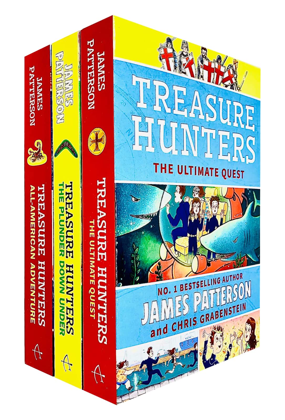 Front covers of the Treasure Hunters Books 6-8 James Patterson 3-book paperback collection set featuring All-American Adventure, The Plunder Down Under, and Ultimate Quest