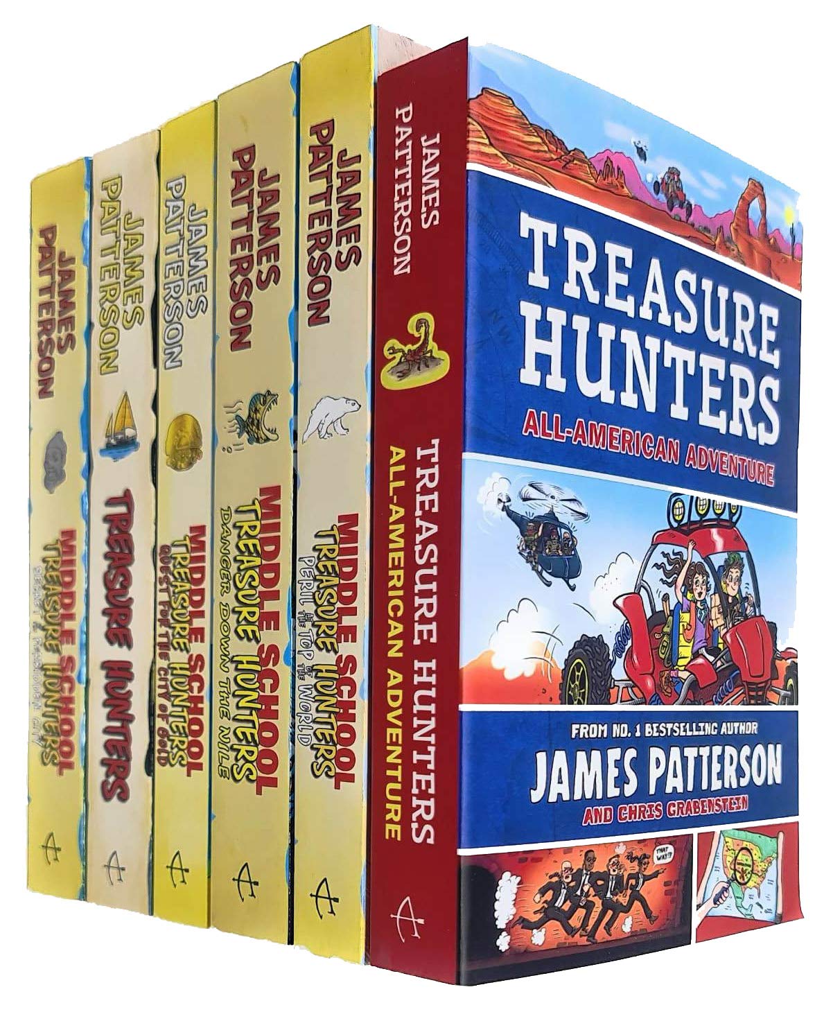 Treasure Hunters by James Patterson 6 Books Collection Set paperback front covers showing Danger Down the Nile, Secret of the Forbidden City, Peril at the Top of the World, Quest for the City of Gold, and All-American Adventure