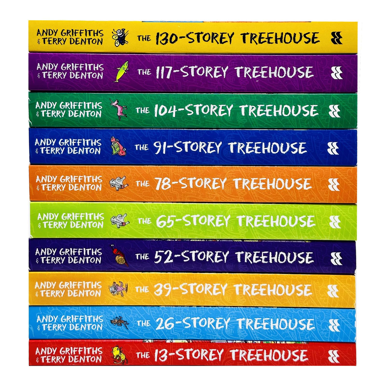 Angled view of the complete Treehouse Series 10-book paperback set by Andy Griffiths and Terry Denton.