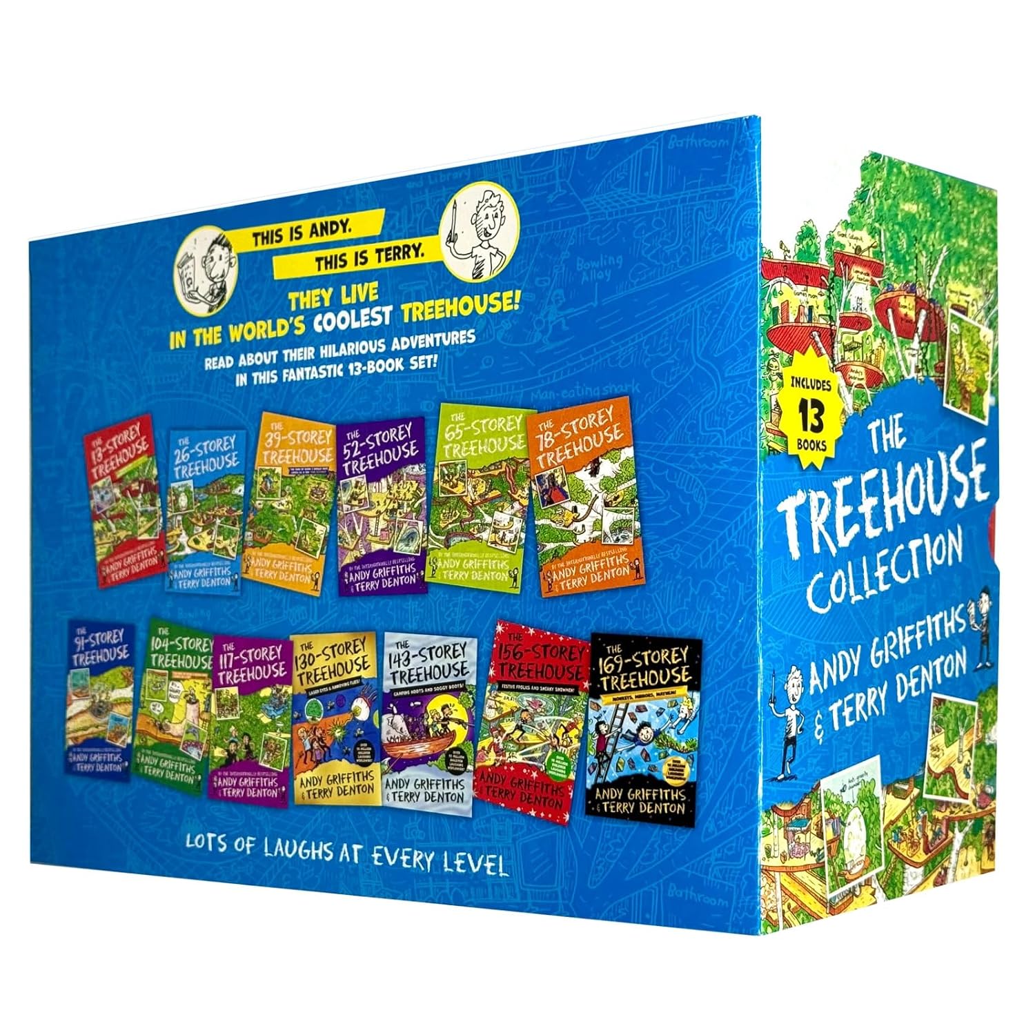 Third author photo of Andy Griffiths alongside his Treehouse Series book collection.
