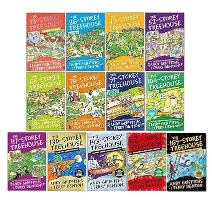Front cover view of the complete 13-book Treehouse Series paperback box set by Andy Griffiths and Terry Denton.
