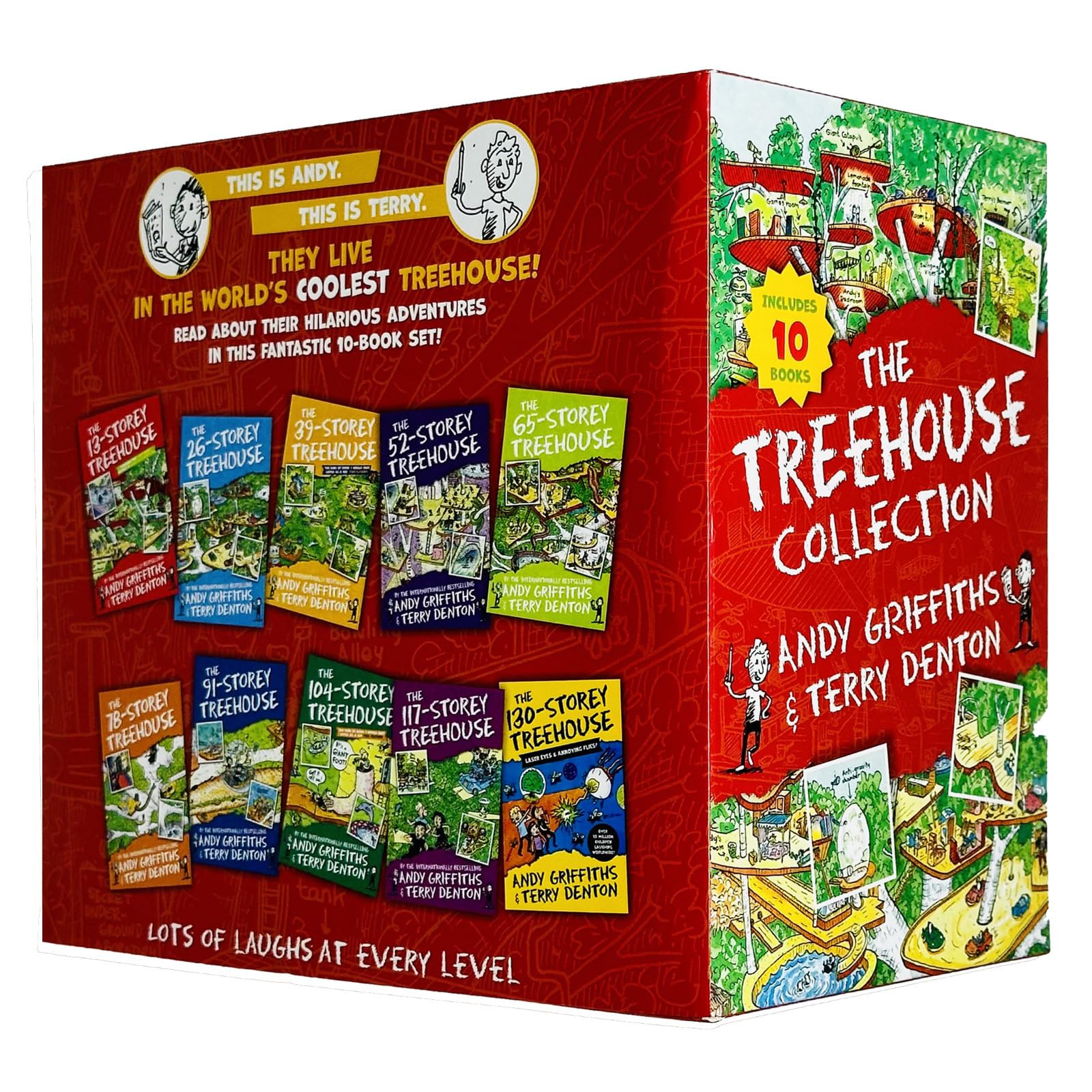 Stacked paperback books from the Treehouse Series 10-book collection by Andy Griffiths.