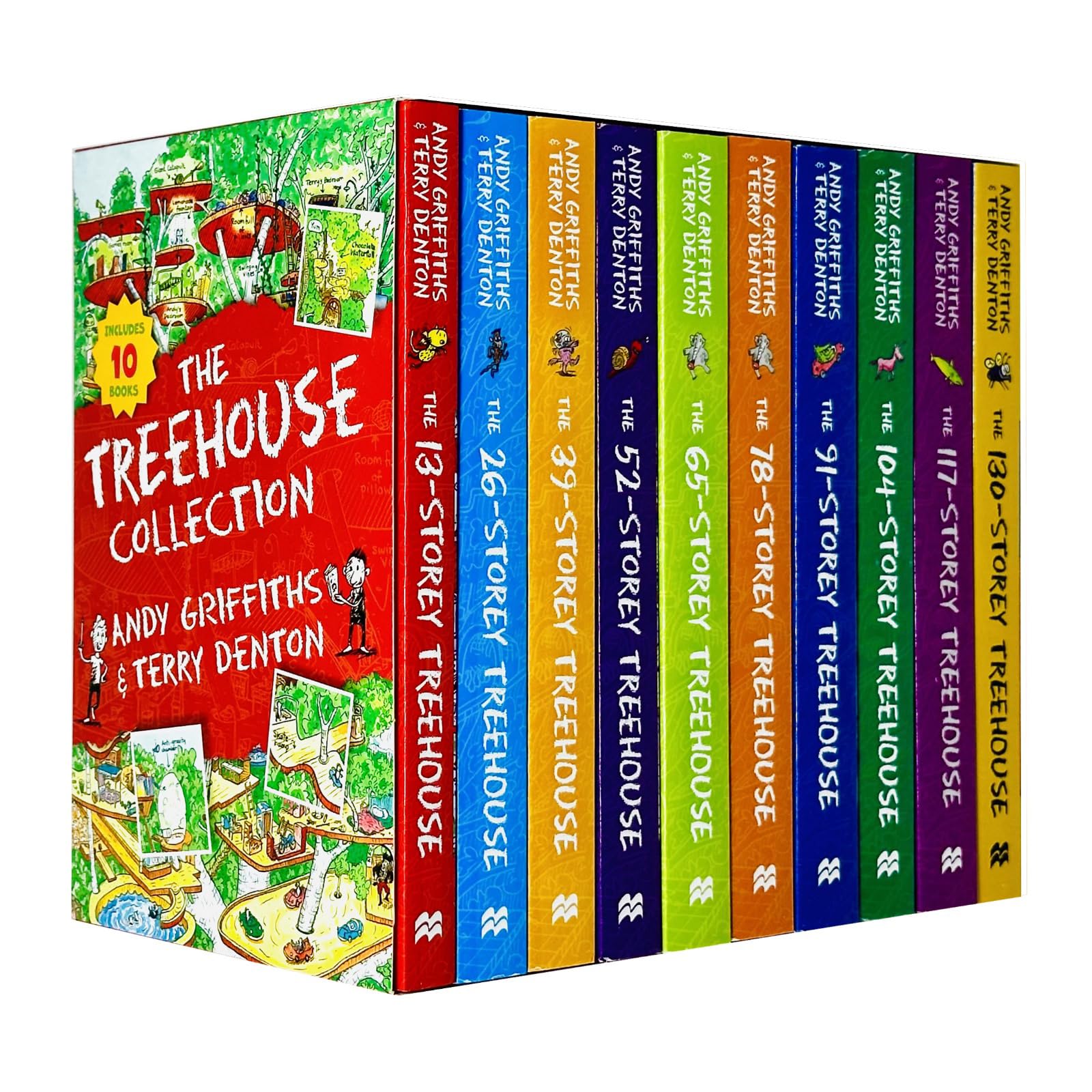 Front covers of all 10 paperback books in the Treehouse Series by Andy Griffiths, ages 7-11.
