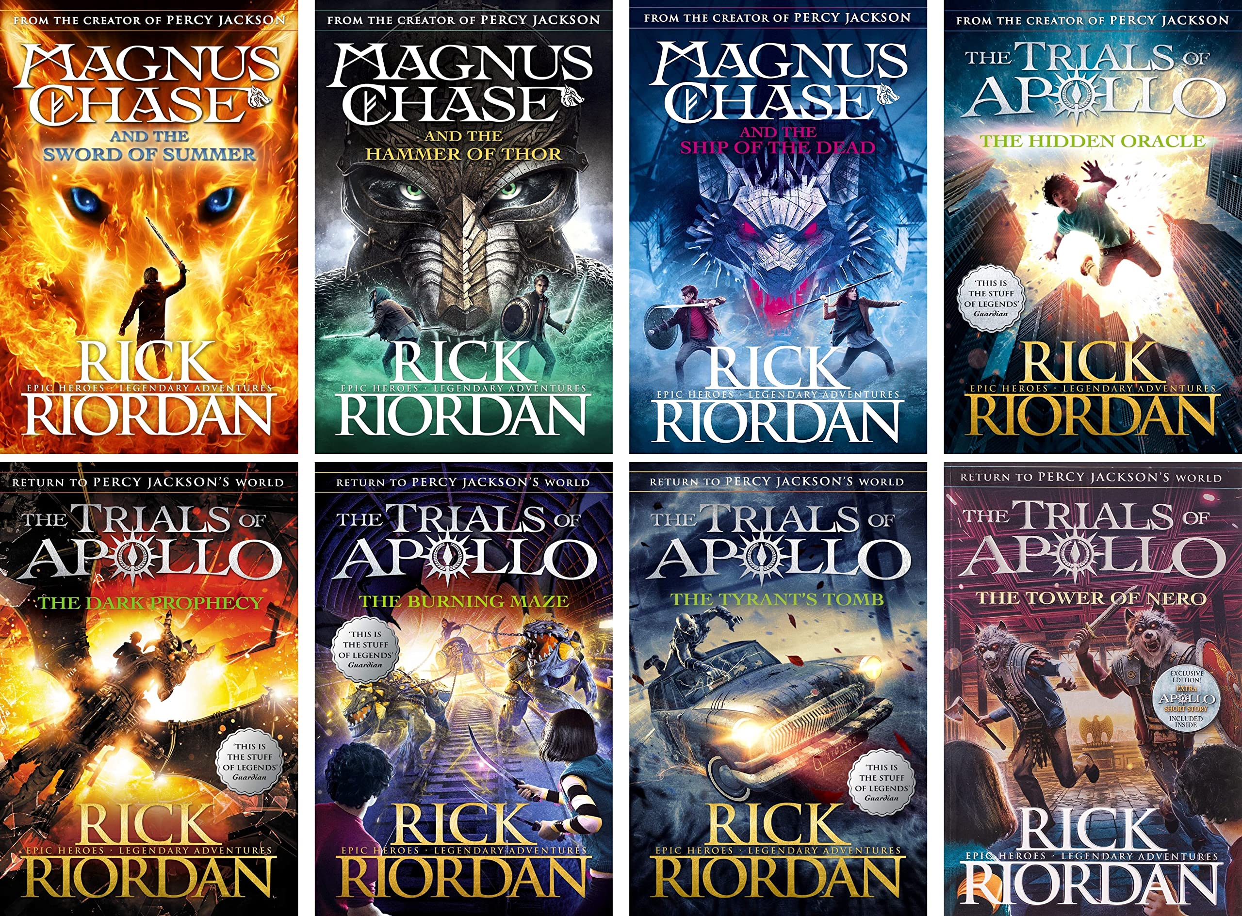 Trials of Apollo and Magnus Chase 8 books collection set by Rick Riordan, paperback young adult mythology adventure set front cover