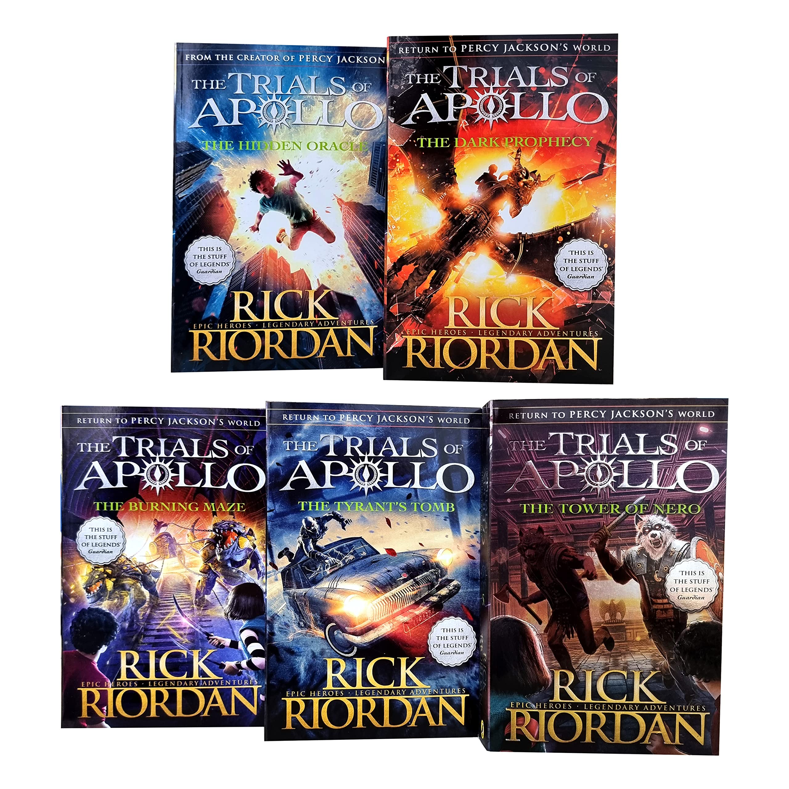 Close-up of the colorful cover artwork for The Trials of Apollo paperback collection, featuring Apollo and mythic imagery across all five titles.