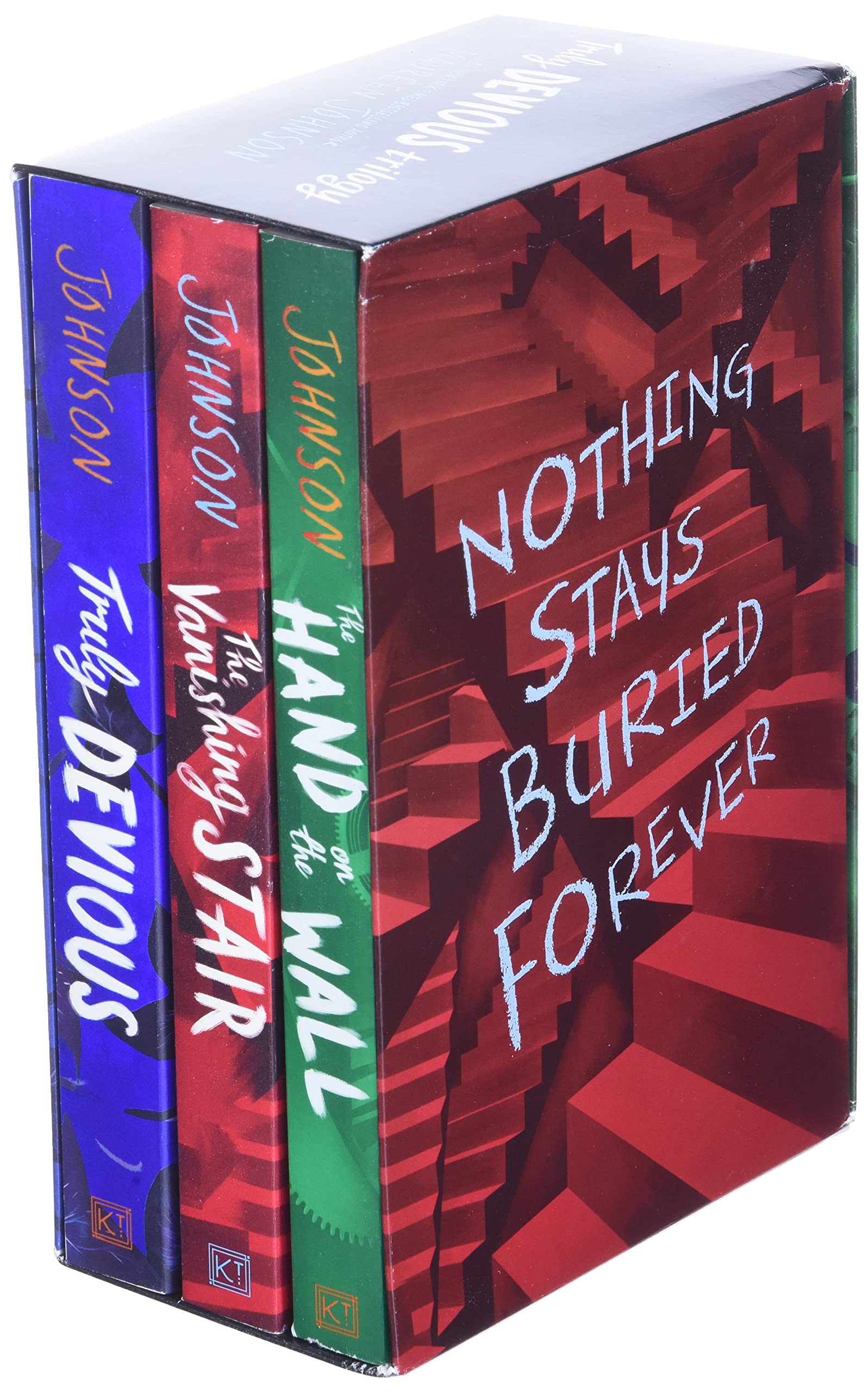 All three Truly Devious paperbacks fanned out together showing the full Maureen Johnson YA mystery collection