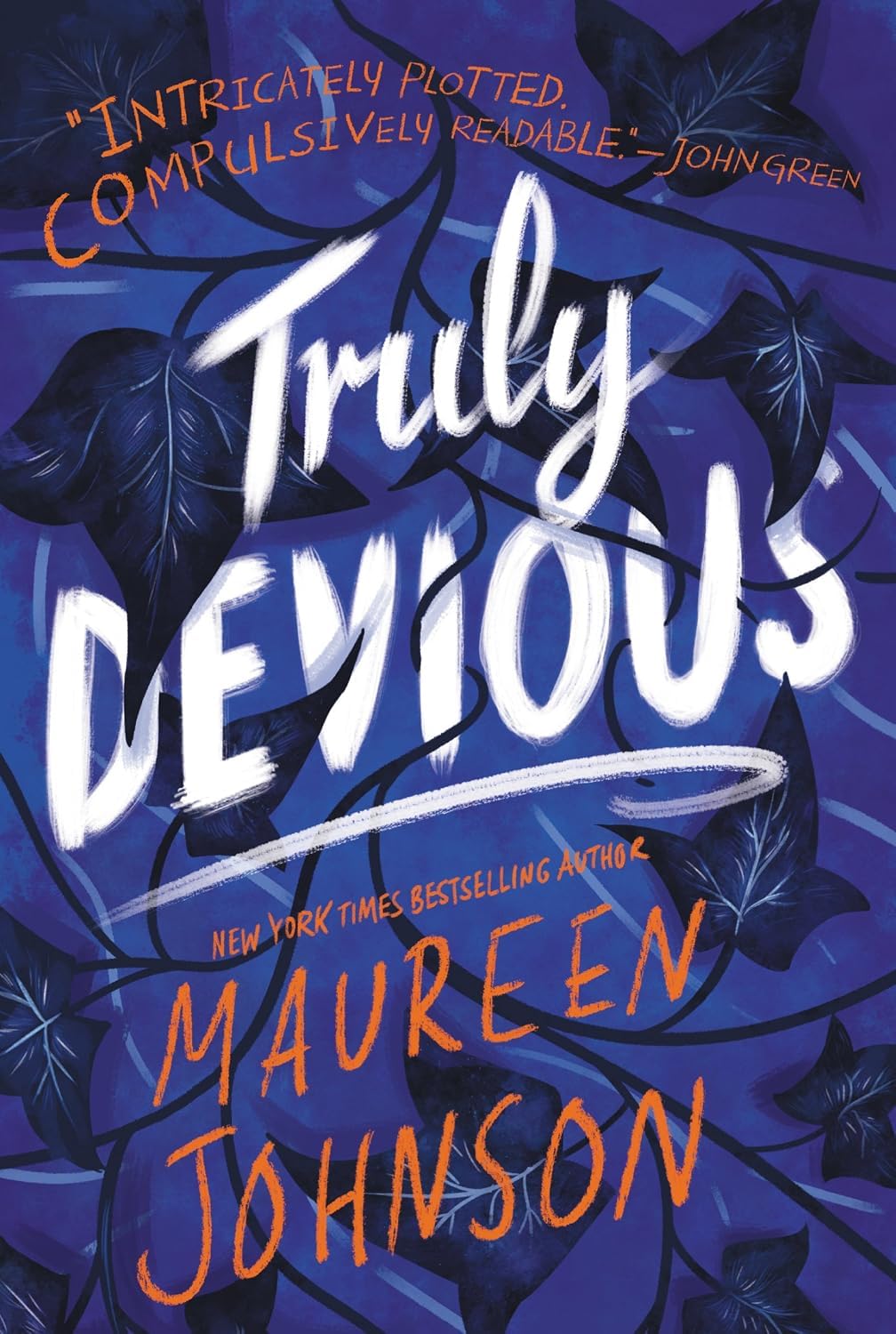 Truly Devious series books stacked showing spines, Young Adult mystery set by Maureen Johnson