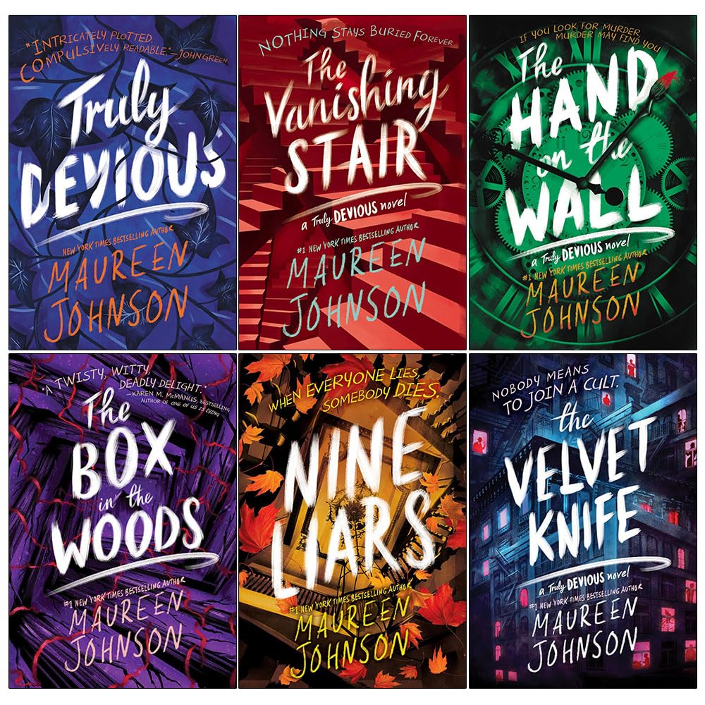 Truly Devious 6 Book Collection Set by Maureen Johnson front cover display, mixed paperback and hardcover format