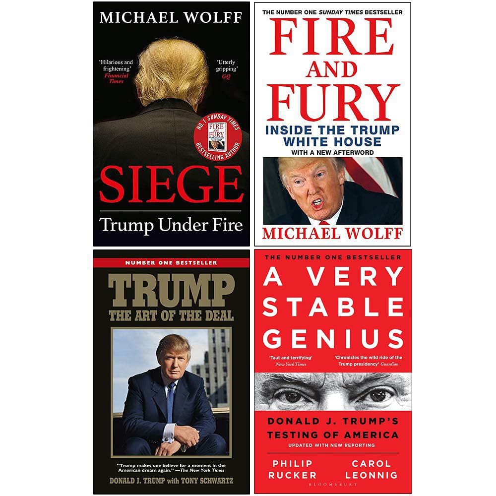 Front cover of the Trump 4 Books Collection Set paperback featuring Fire and Fury, Siege, The Art of the Deal, and A Very Stable Genius