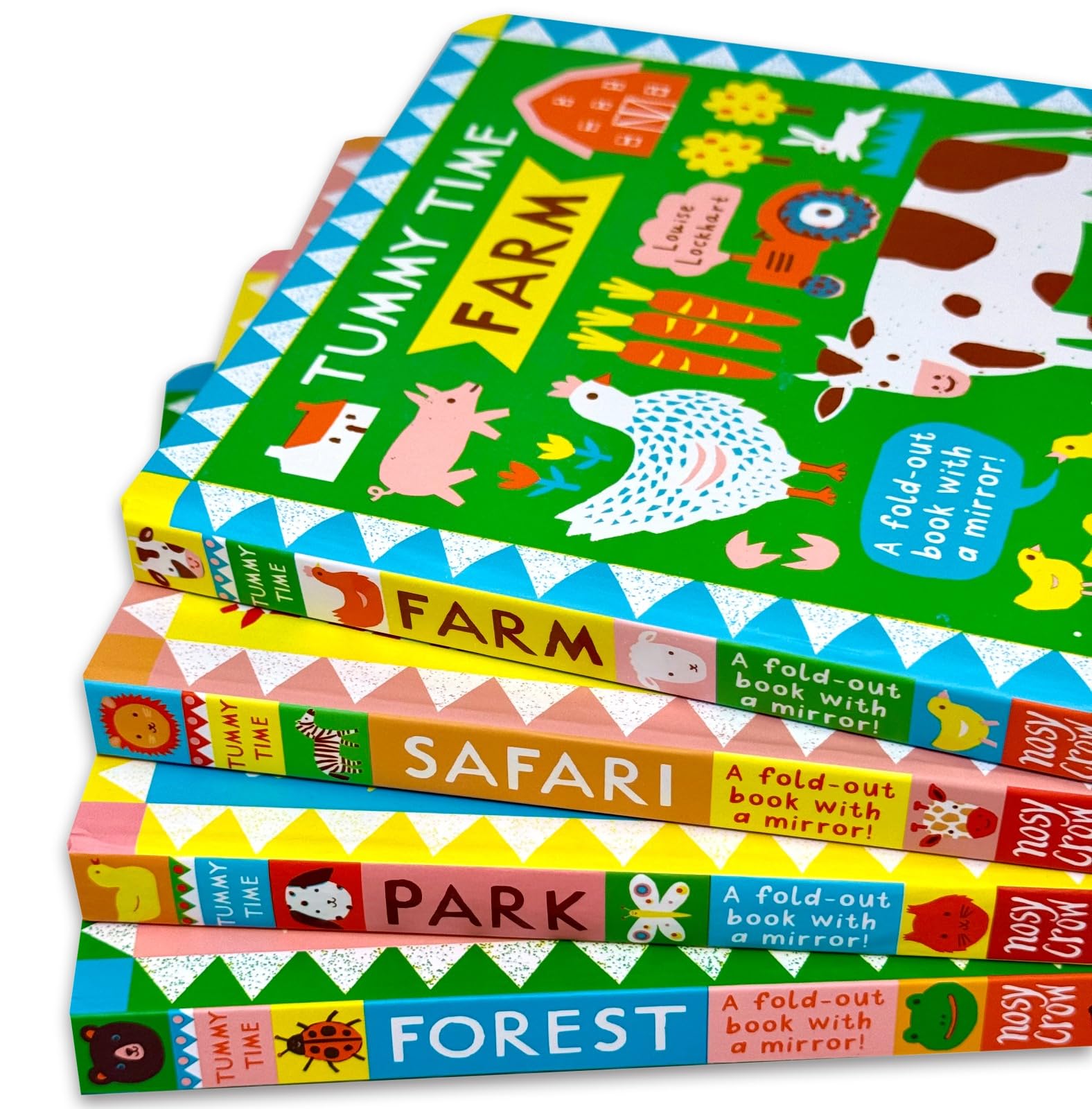 Tummy Time: Safari board book unfolded showing safari animal scene and baby mirror page