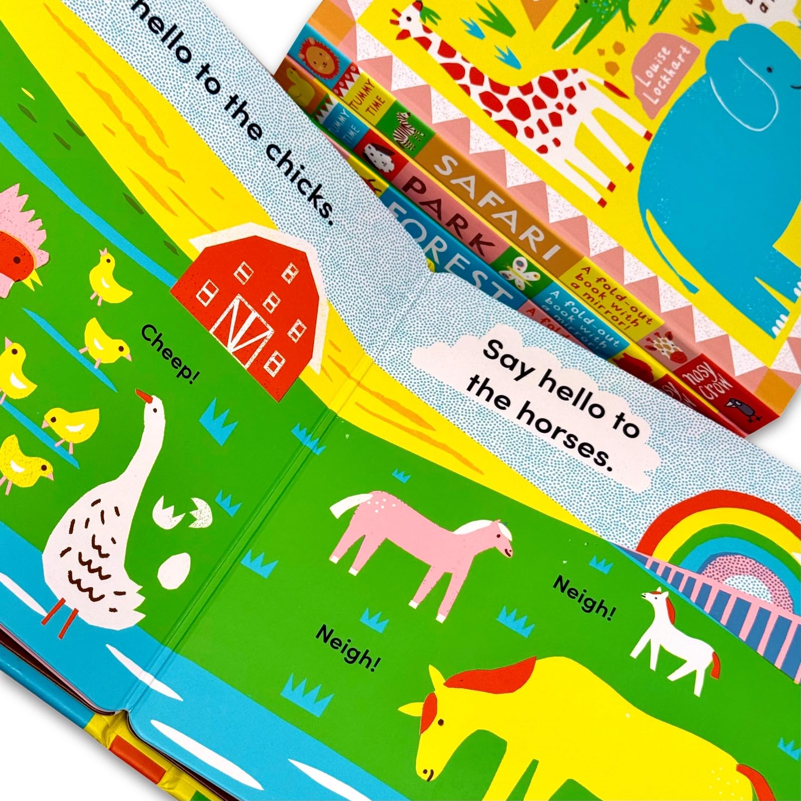 Tummy Time: Park board book fold-out spread with park scene illustrations by Louise Lockhart