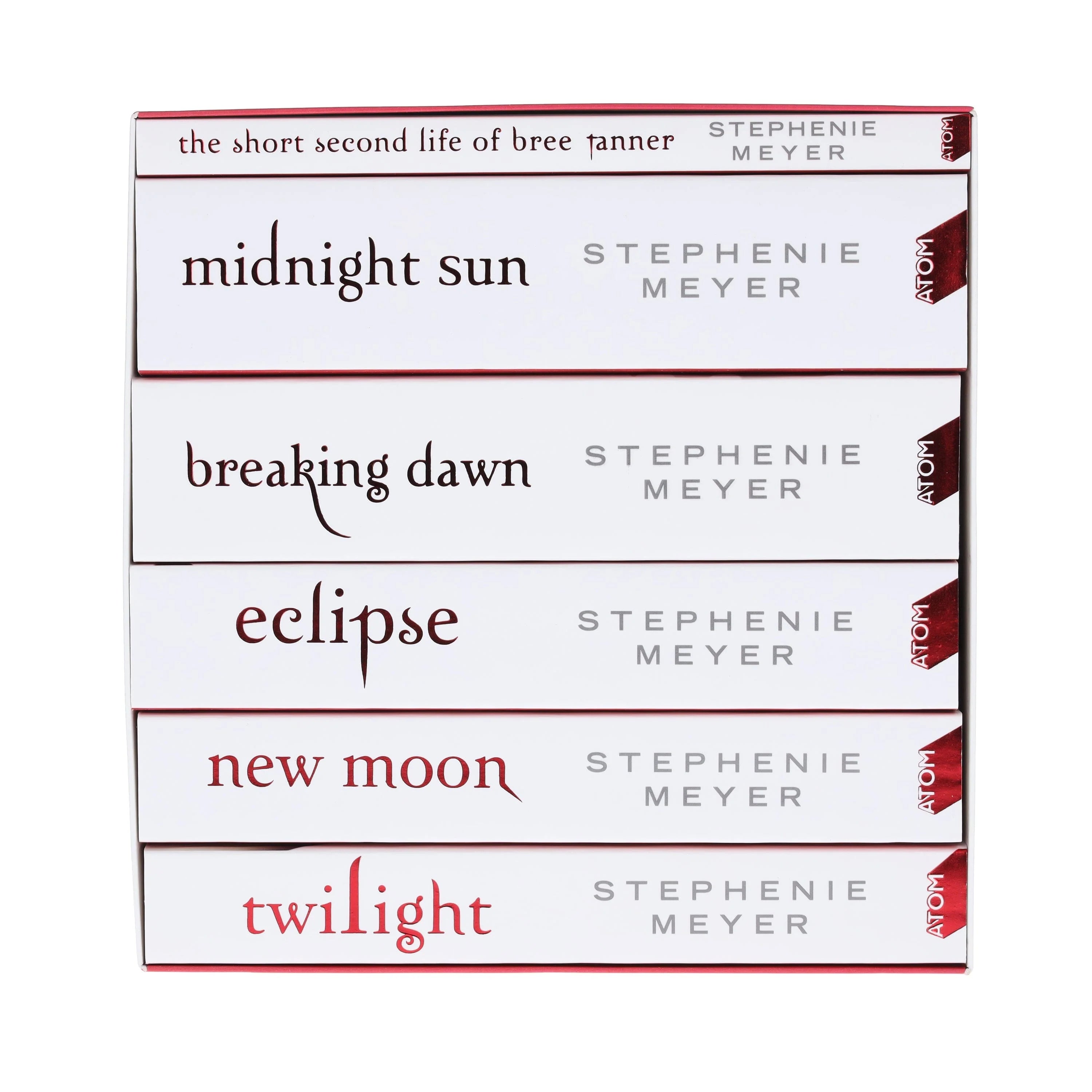 Close-up of Twilight Saga paperback spines showing Breaking Dawn, Bree Tanner, and Midnight Sun titles