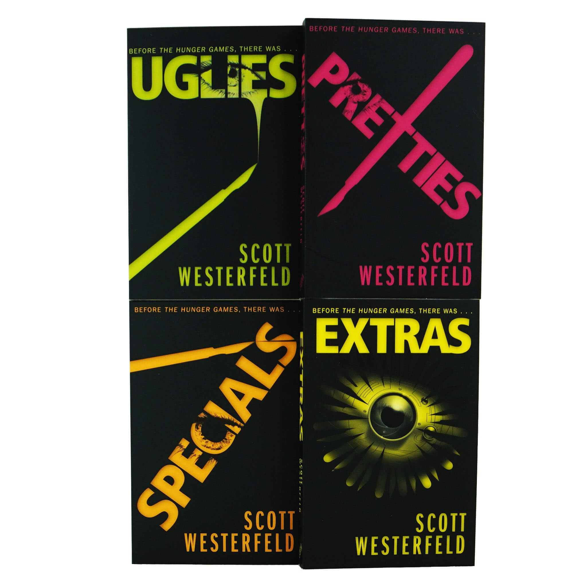 Uglies Quartet by Scott Westerfeld 4 book paperback box set cover art, Young Adult dystopian series
