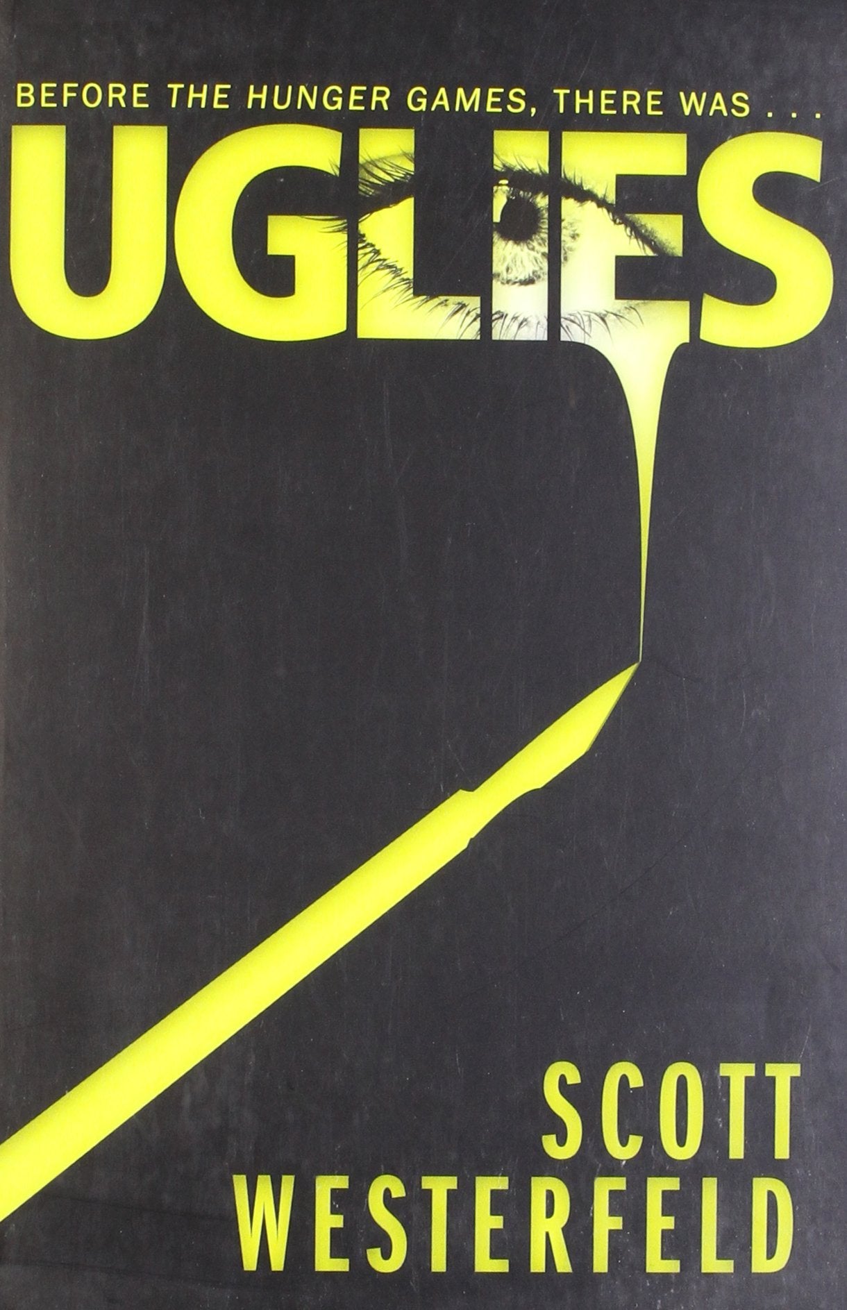 Close-up of the Uglies paperback cover art by Scott Westerfeld, first book in the 4-book YA collection