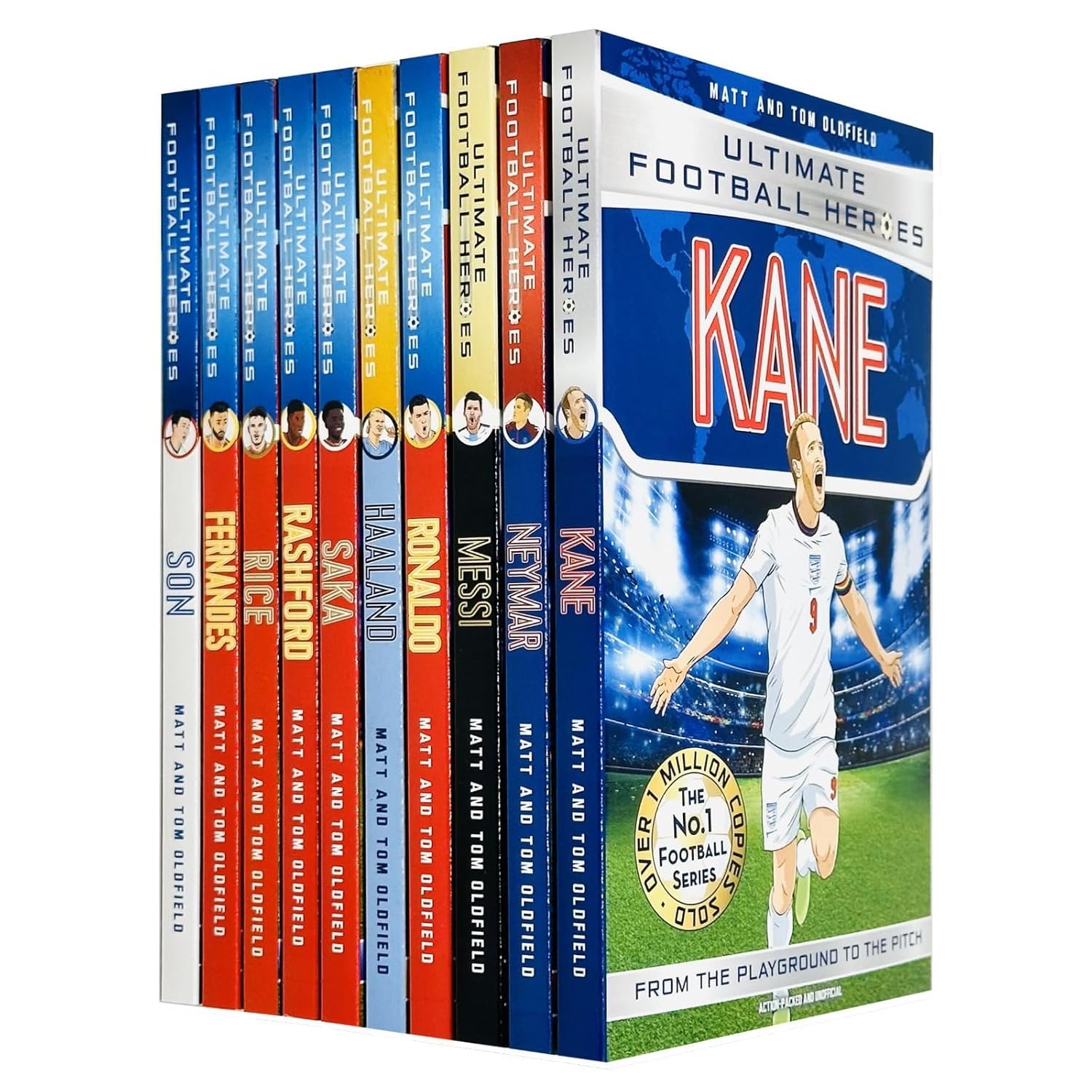 Ultimate Football Heroes 20-book collection fanned out showing individual covers of Messi, Ronaldo, Haaland and more