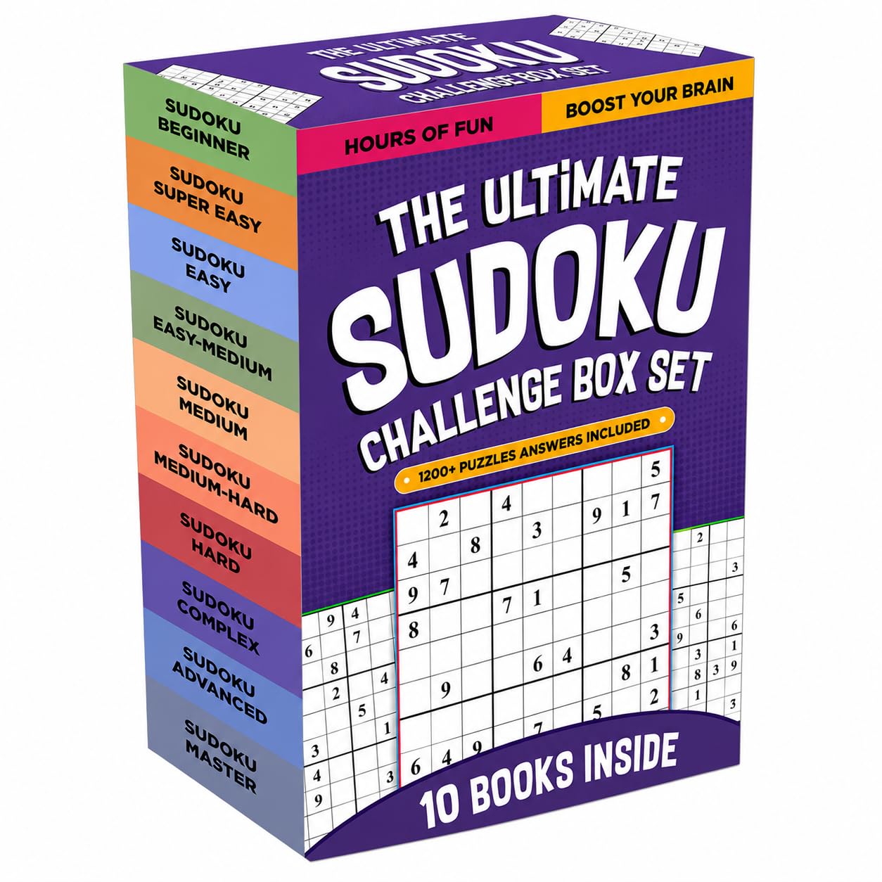 All ten paperback sudoku puzzle books from the Ultimate Sudoku Challenge box set fanned out