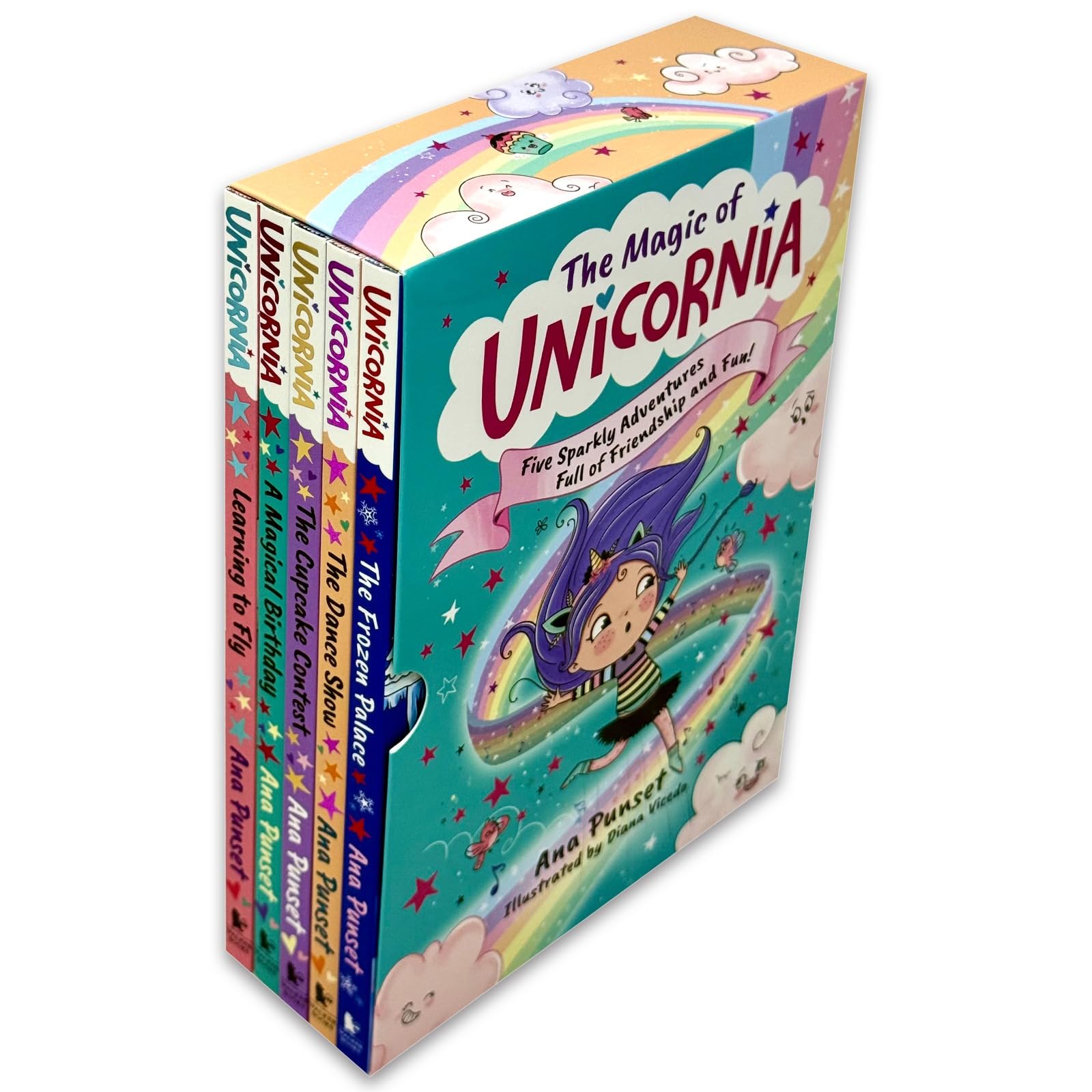 Unicornia: The Cupcake Contest paperback front cover, part of the 5-book Unicornia set