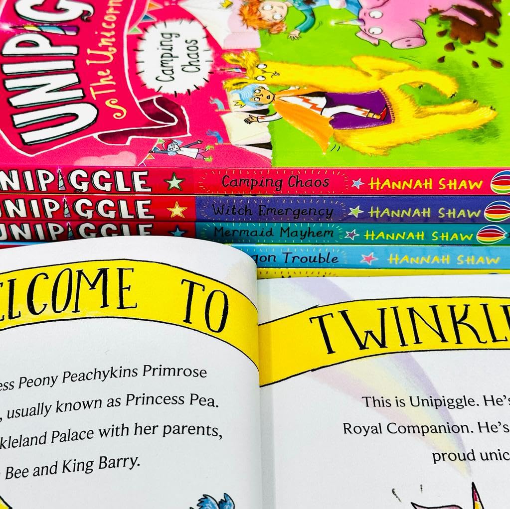 All six Unipiggle the Unicorn Pig paperback books fanned out showing Unicorn Muddle, Dragon Trouble, Mermaid Mayhem, Witch Emergency, Camping Chaos and Fairy Freeze