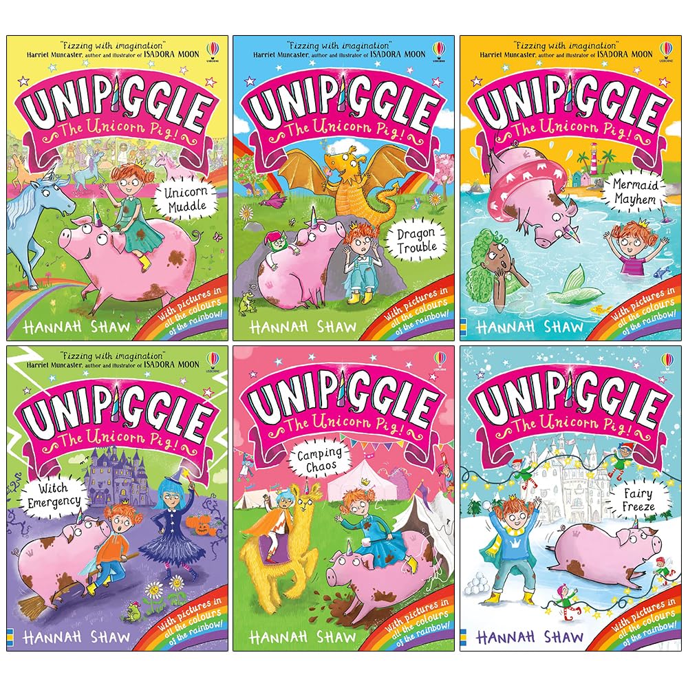 Stack of Unipiggle the Unicorn Pig paperback books by Hannah Shaw for ages 6-9