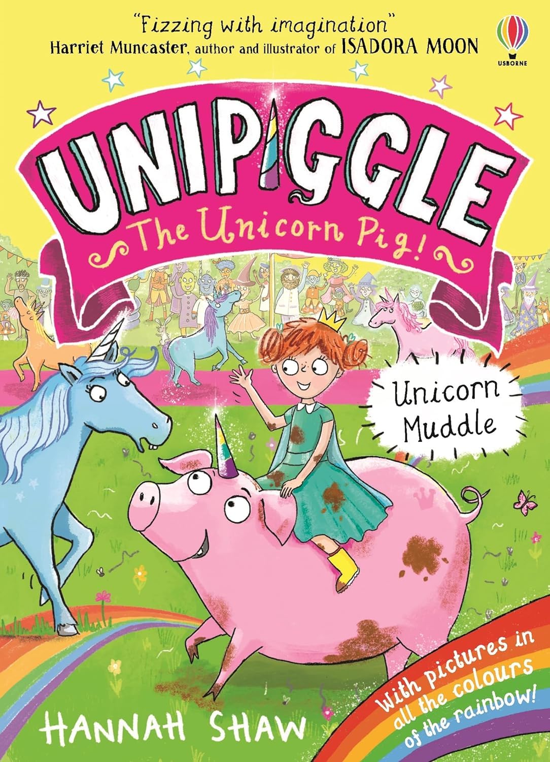 Inside page spread from a Unipiggle the Unicorn Pig paperback book showing illustrated chapter text