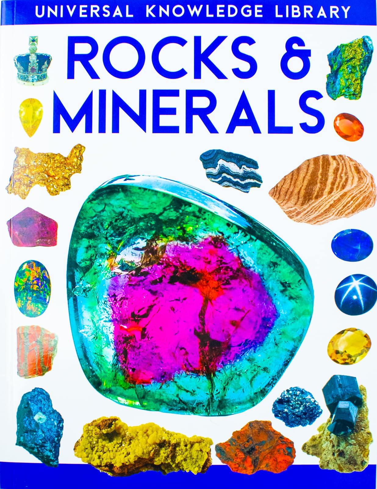 Universal Knowledge Library Animals and Nature paperback set - close-up of the Rocks & Minerals and Trees volume covers
