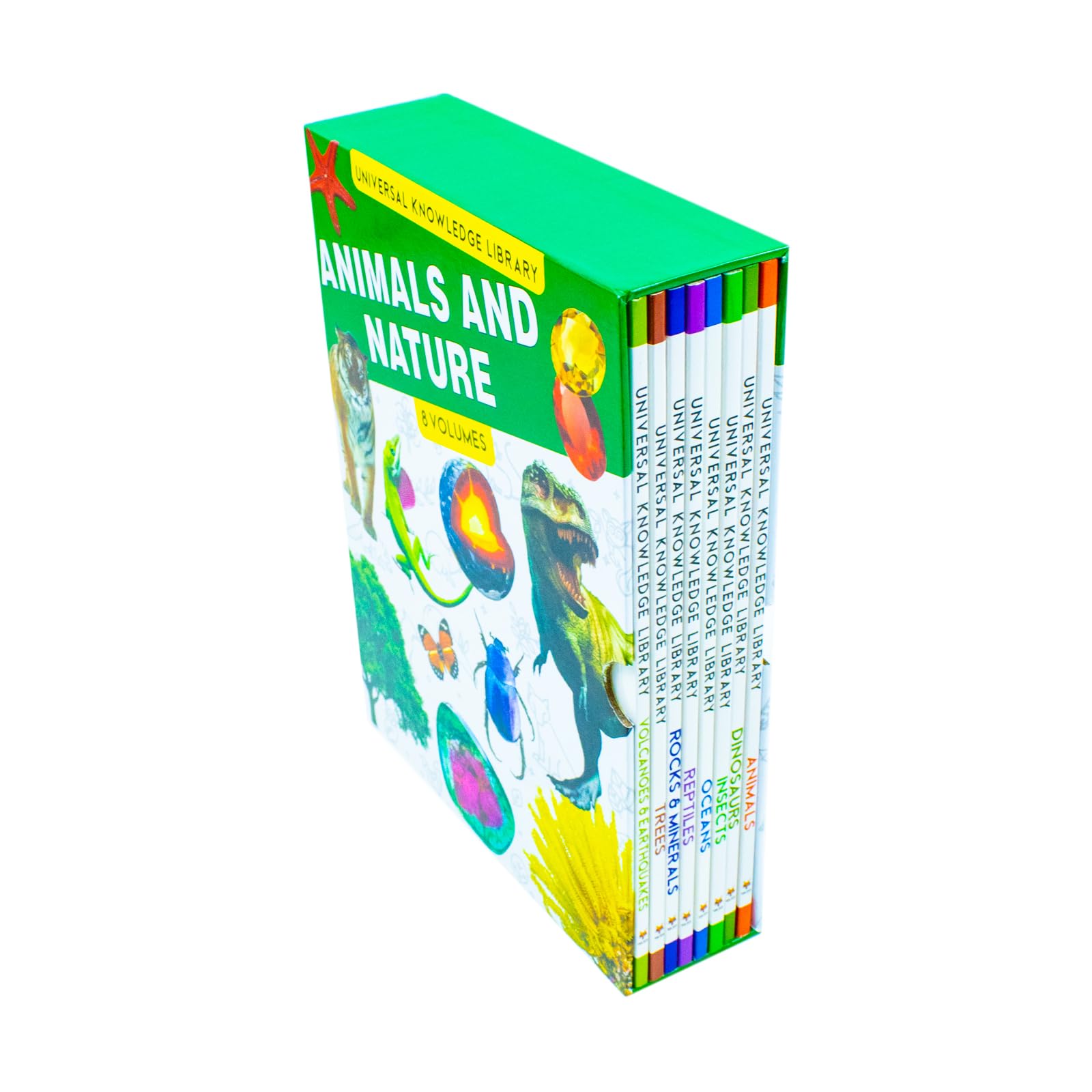 Universal Knowledge Library Animals and Nature 8 book paperback set - front cover artwork showing all eight volumes