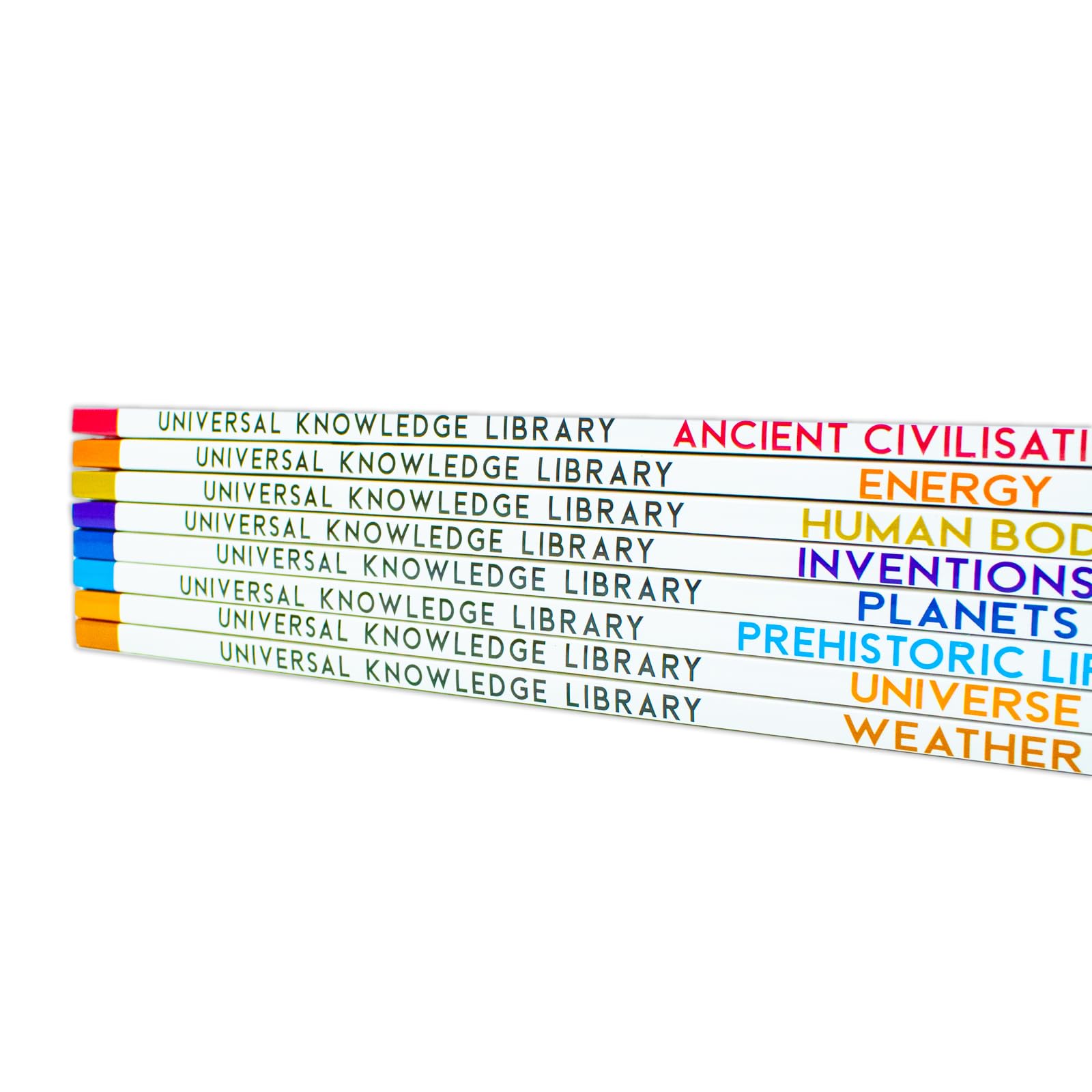 All eight Universal Knowledge Library Science and History paperback books fanned out together
