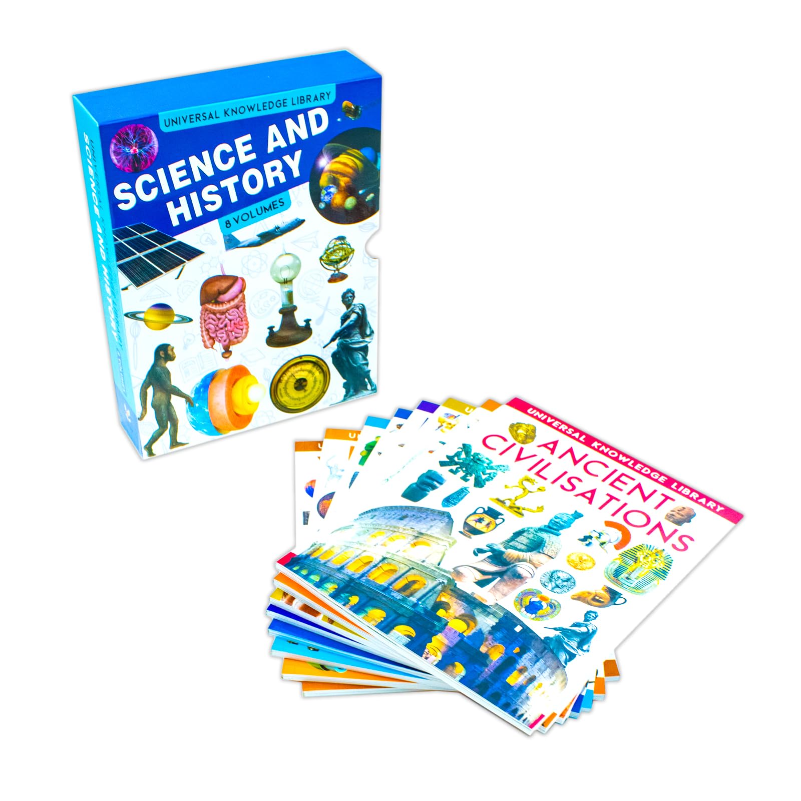 Back cover of the Universal Knowledge Library Science and History 8 book paperback set