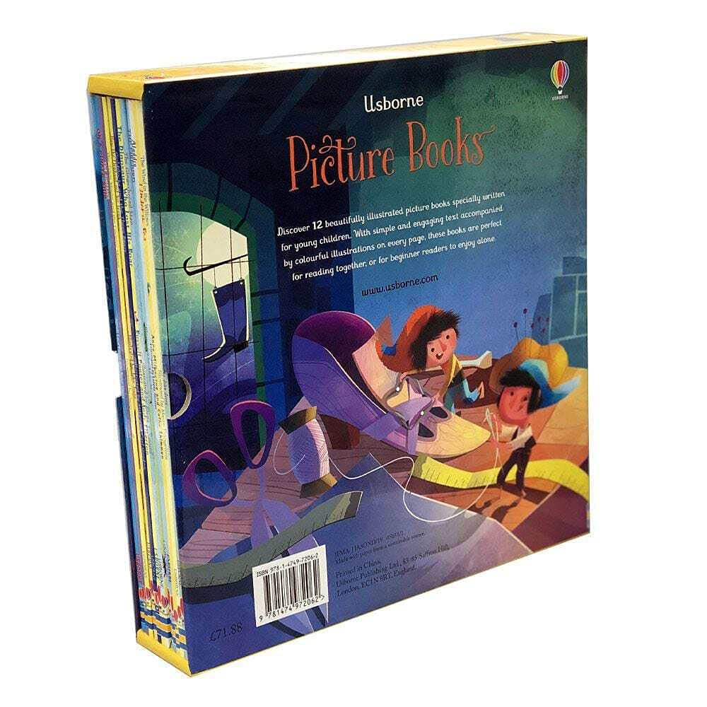 Full set of 12 Usborne classic picture books fanned out showing all titles including Wind in the Willows and Goldilocks and the Three Bears