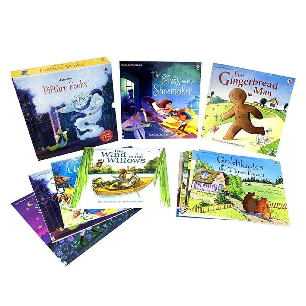 Back cover of Usborne 12 Classics Picture Books Collection Set box showing title list and age range 5-7