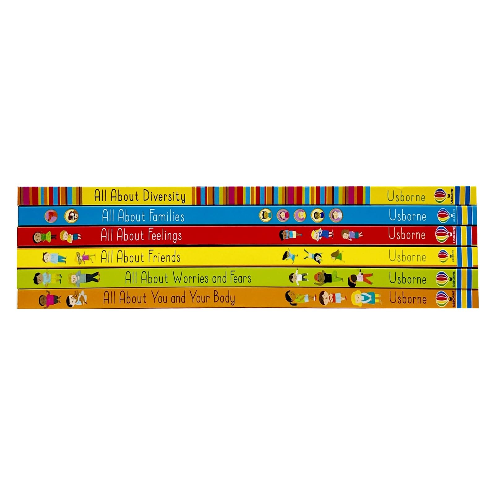 Close-up of individual hardback covers from the Usborne All About Series by Felicity Brooks for ages 3-8